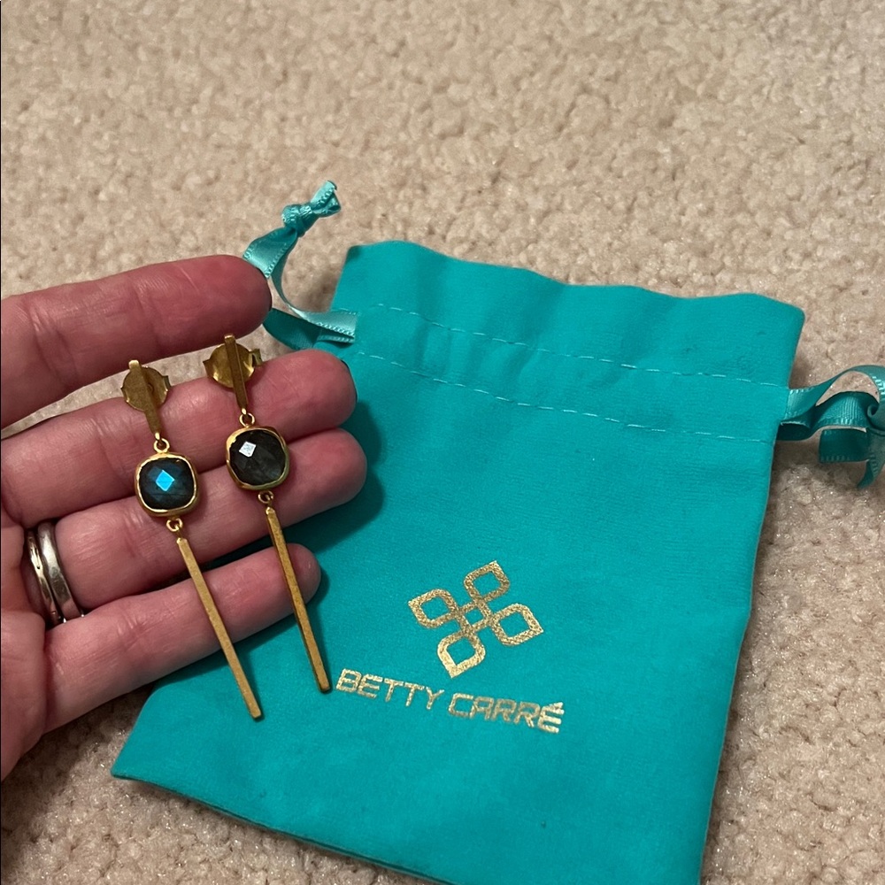 Gold Drop Earrings with Teal Stones